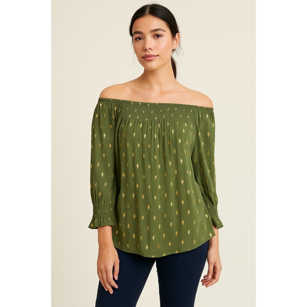 Unique Spectrum Boho Peasant Top M Green Gold Metallic Print Smocked Sleeve Blos